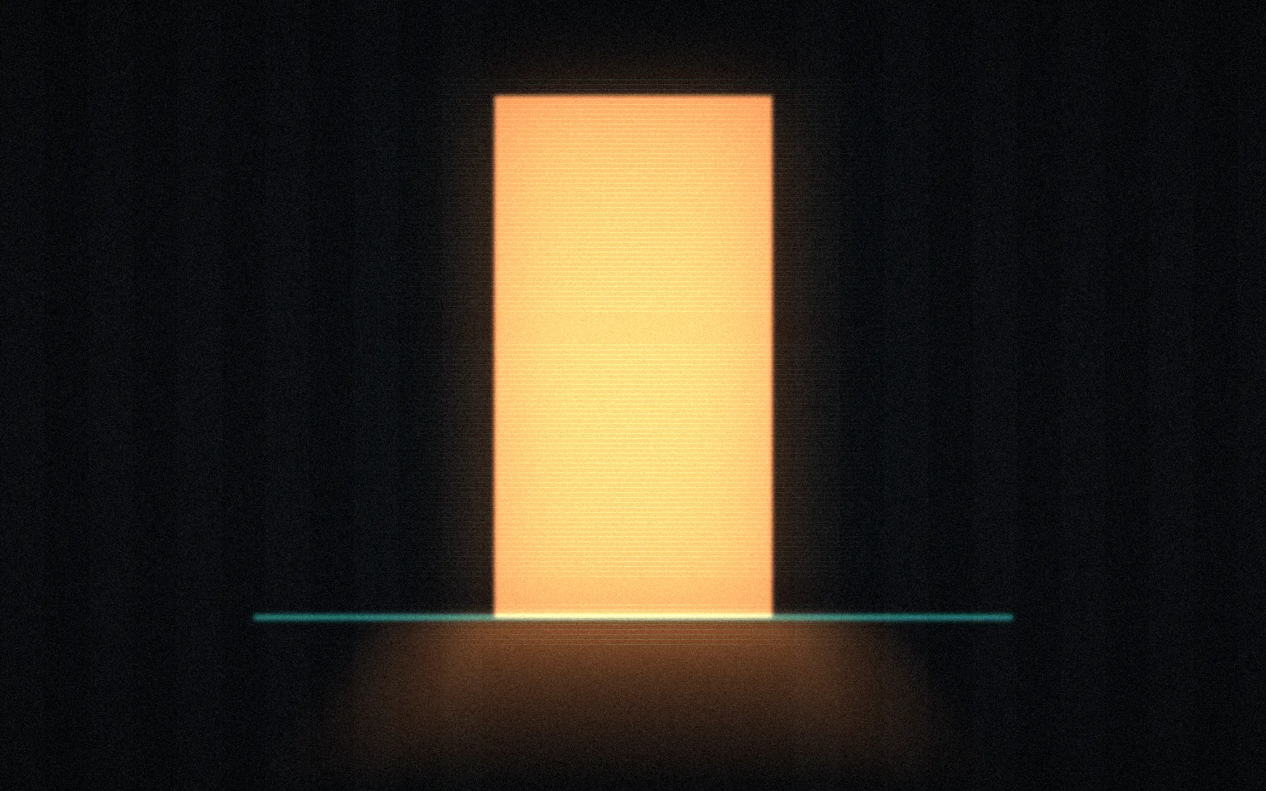 A bright doorway of amber light in a dark room with a single teal line across the floor.