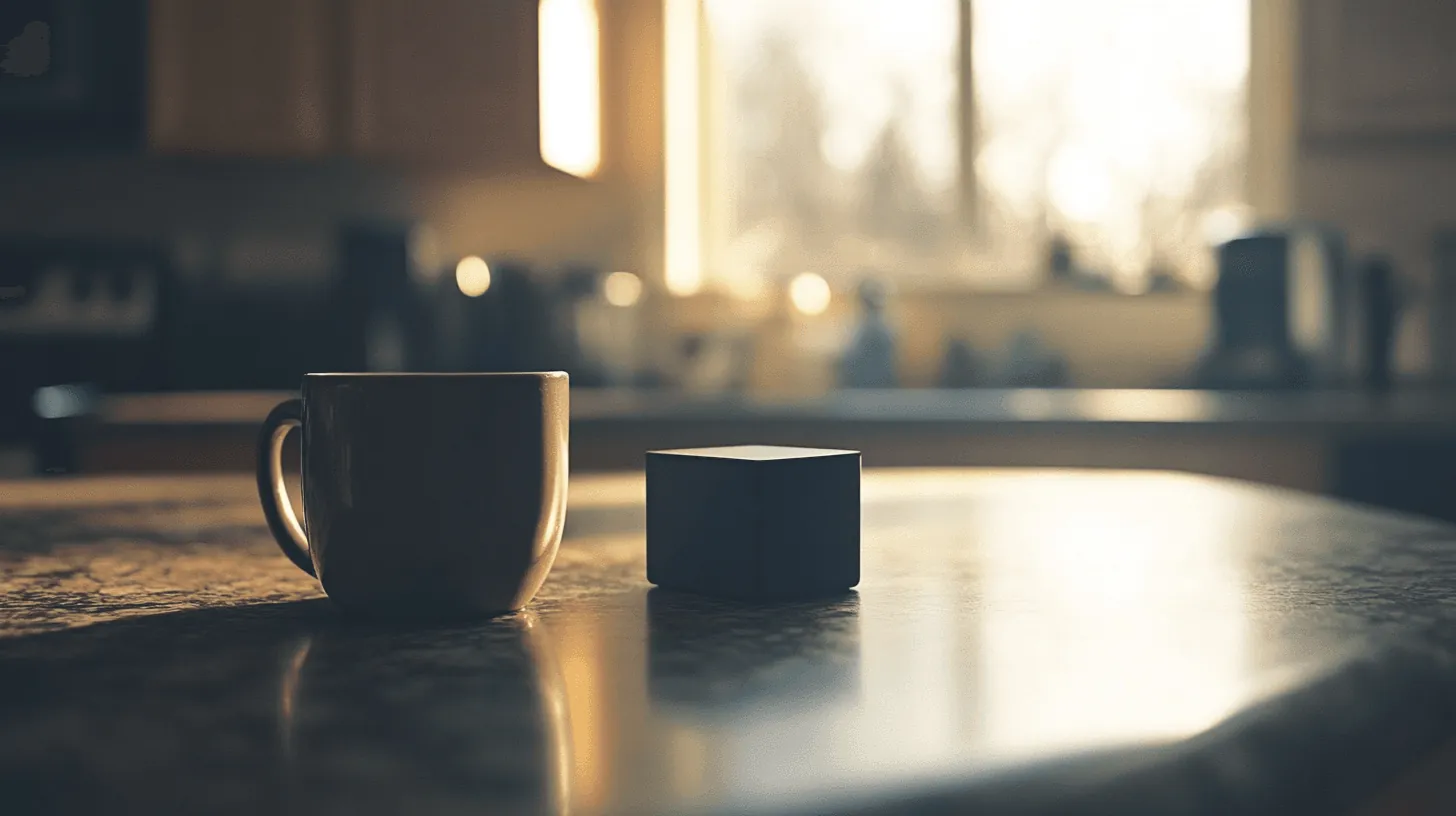 A coffee cup on a kitchen table in low morning light.