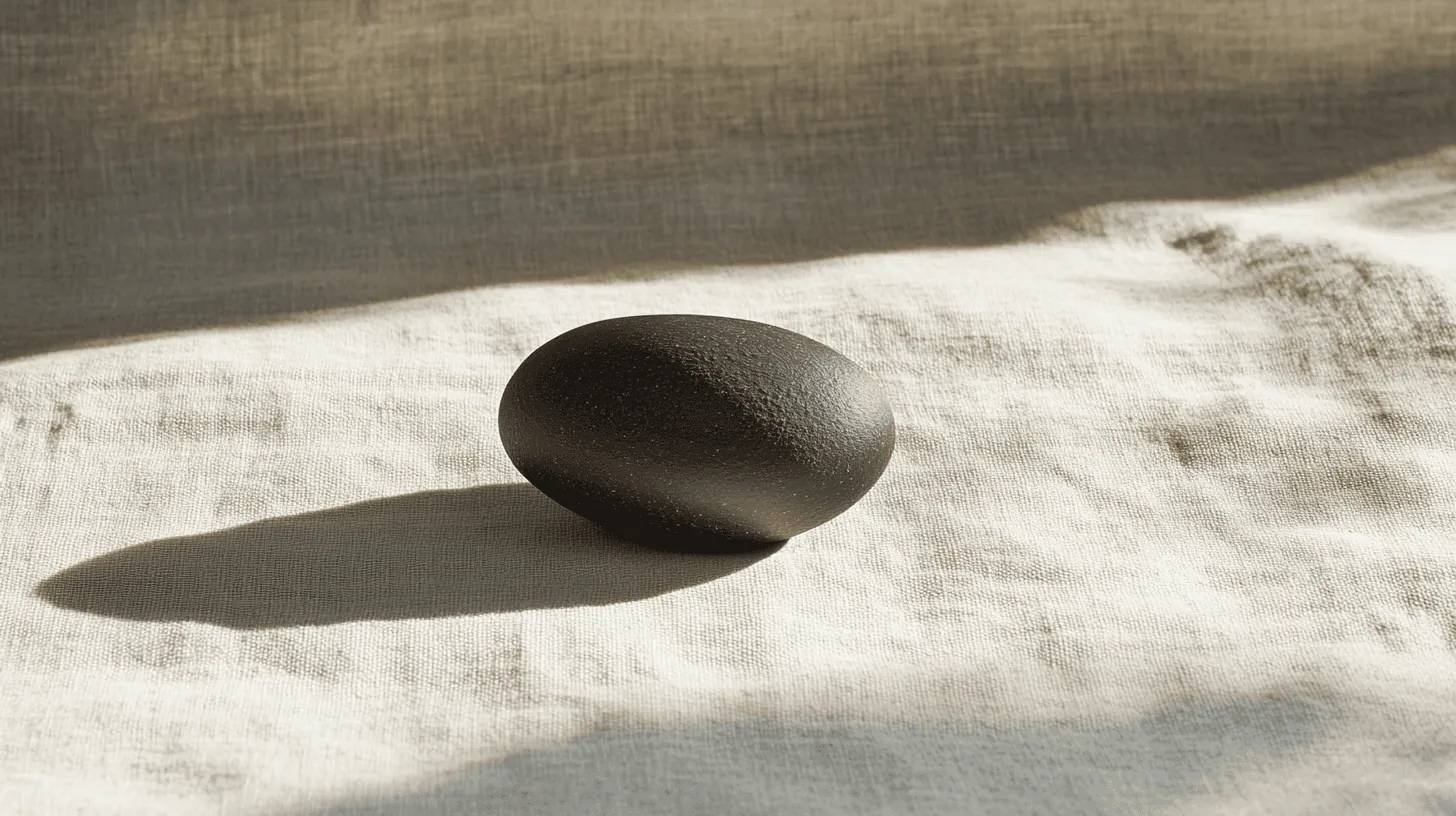 A smooth stone form on creased linen with a long shadow.