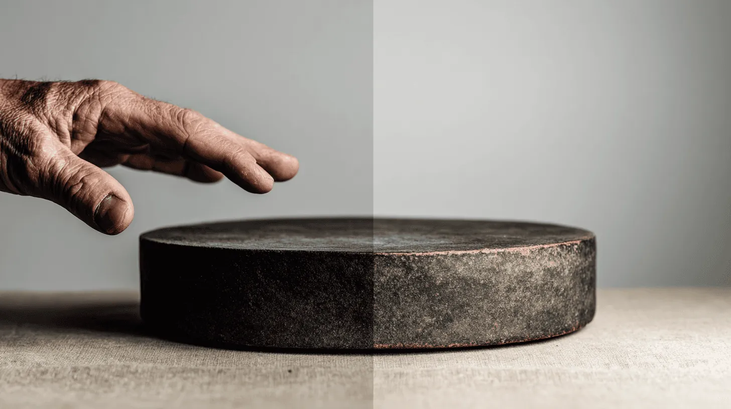A hand reaching toward a dark stone disc, half in shadow.