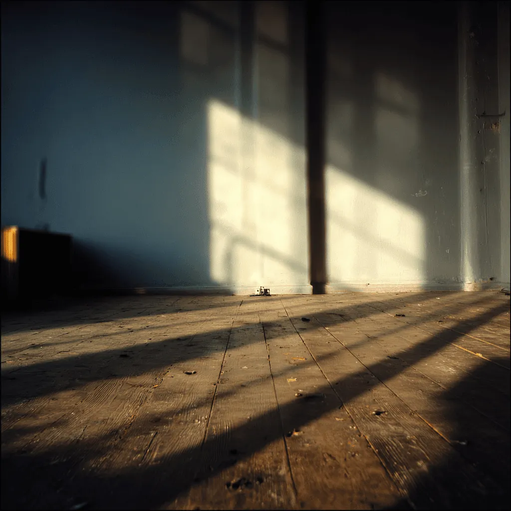 A sunlit floor with long window shadows.
