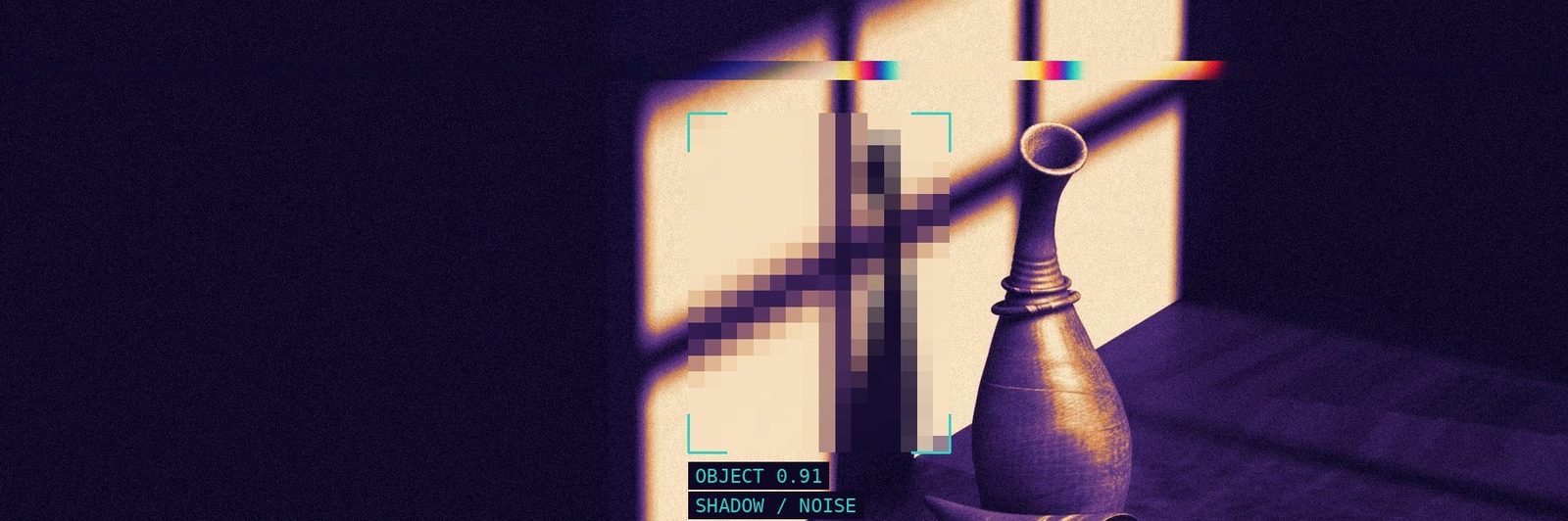 Window light falling across a vase in a dark room, with a pixelated detection patch